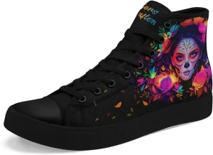 Women's Sugar Skull Canvas Sneakers - Mexican Catrina Art Fashion Shoes Gothic and Folk Art Casual High Tops