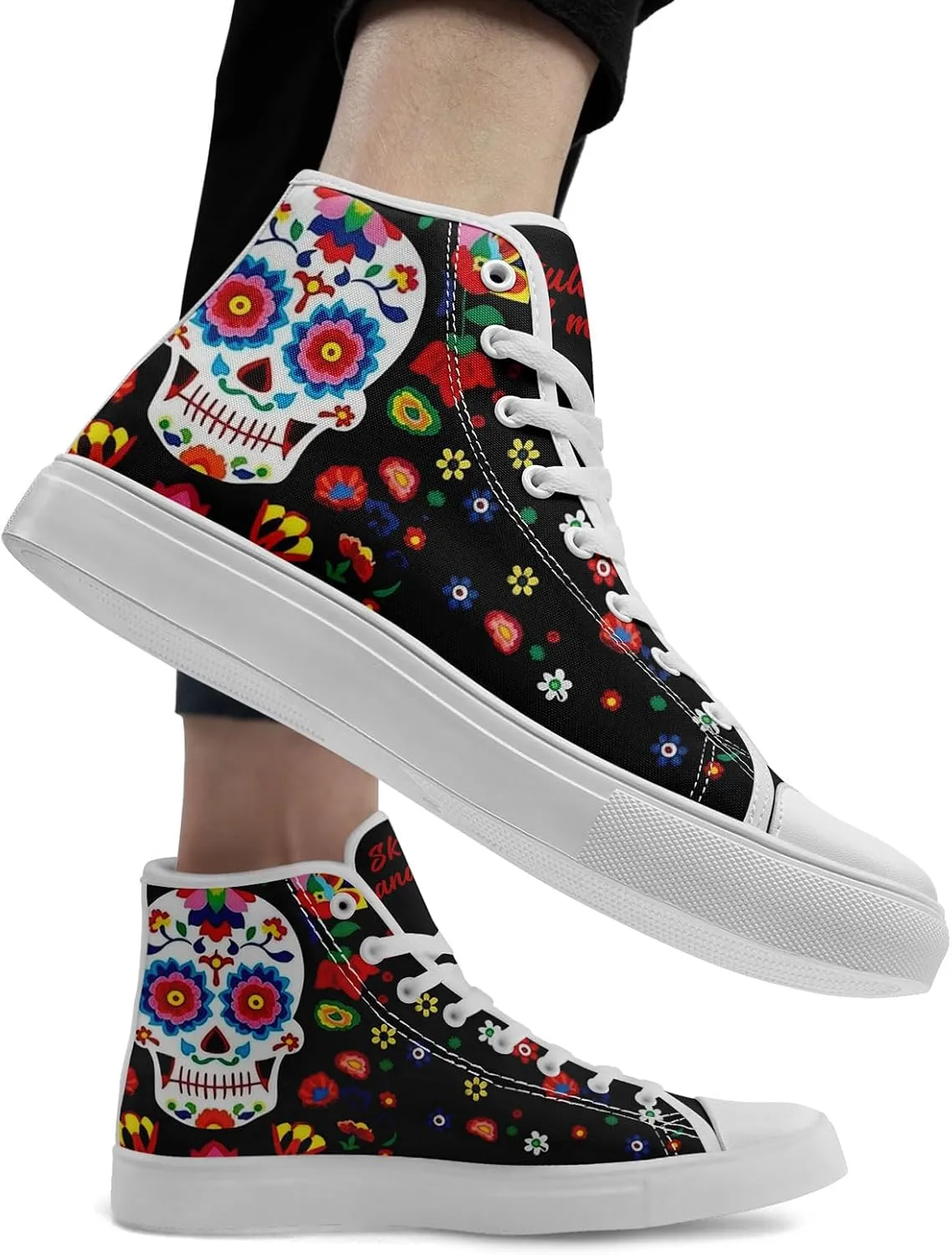 Women's Sugar Skull Canvas Sneakers - Mexican Catrina Art Fashion Shoes Gothic and Folk Art Casual High Tops