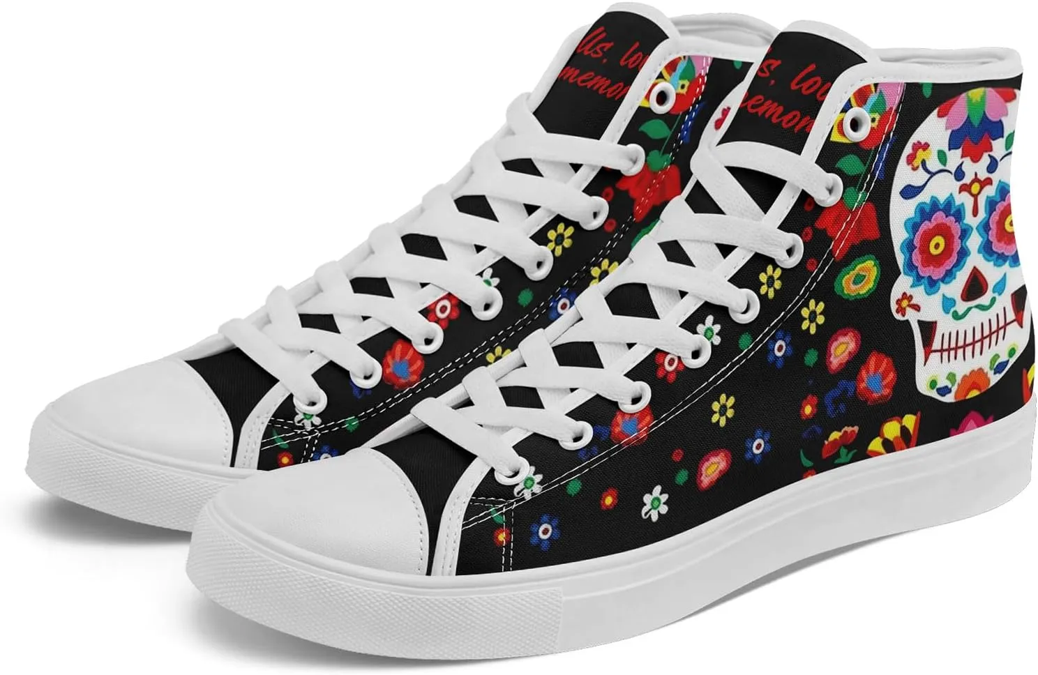 Women's Sugar Skull Canvas Sneakers - Mexican Catrina Art Fashion Shoes Gothic and Folk Art Casual High Tops