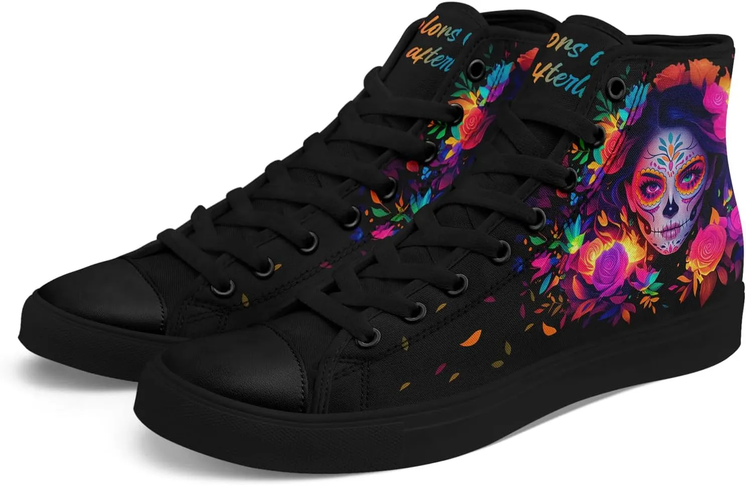 Women's Sugar Skull Canvas Sneakers - Mexican Catrina Art Fashion Shoes Gothic and Folk Art Casual High Tops