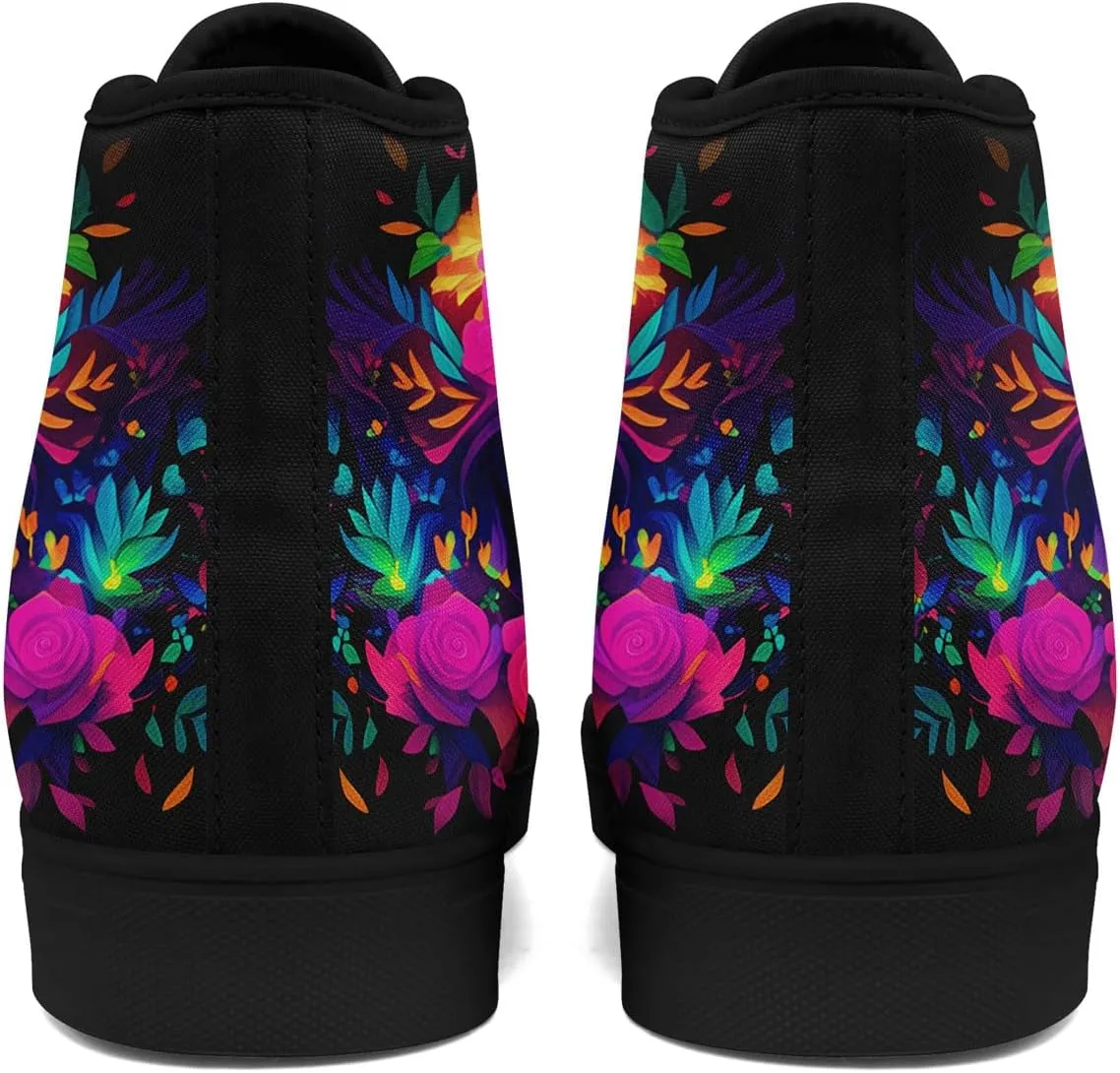 Women's Sugar Skull Canvas Sneakers - Mexican Catrina Art Fashion Shoes Gothic and Folk Art Casual High Tops