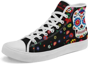 Women's Sugar Skull Canvas Sneakers - Mexican Catrina Art Fashion Shoes Gothic and Folk Art Casual High Tops