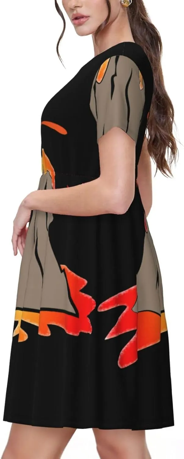 Women's Summer Casual Volcano Print Short Sleeve Dresses Tshirt Swing Beach Dress with Pockets