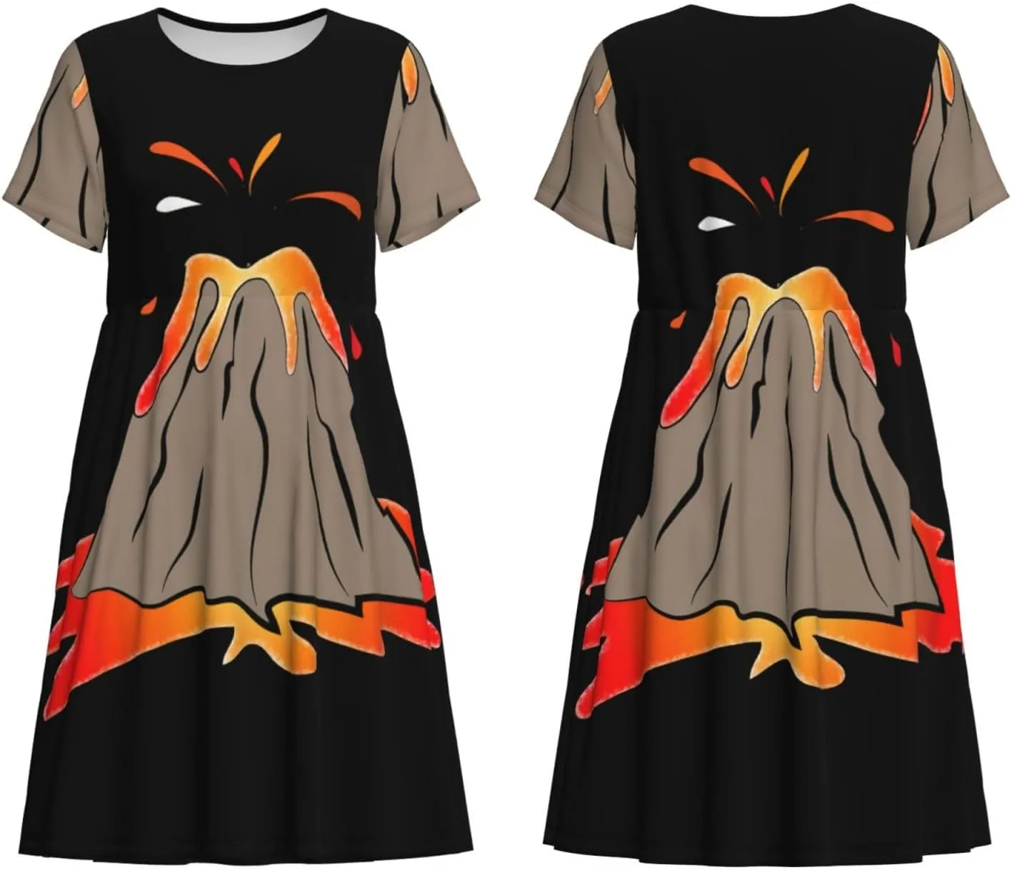 Women's Summer Casual Volcano Print Short Sleeve Dresses Tshirt Swing Beach Dress with Pockets