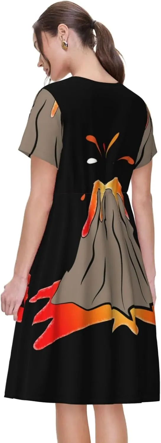 Women's Summer Casual Volcano Print Short Sleeve Dresses Tshirt Swing Beach Dress with Pockets