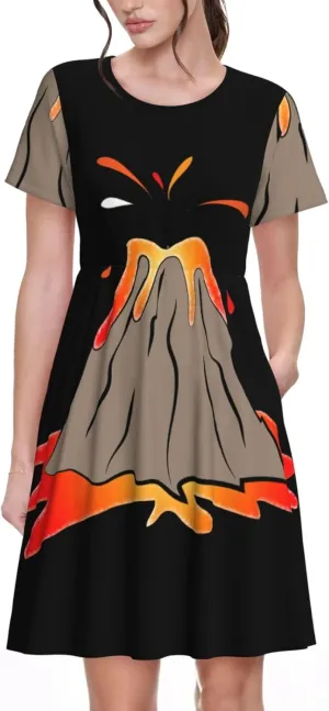 Women's Summer Casual Volcano Print Short Sleeve Dresses Tshirt Swing Beach Dress with Pockets