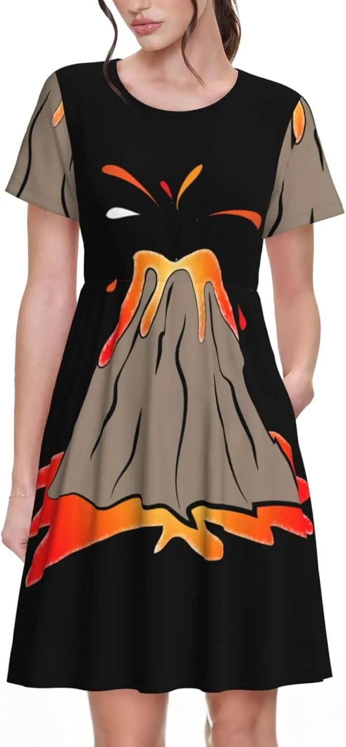 Women's Summer Casual Volcano Print Short Sleeve Dresses Tshirt Swing Beach Dress with Pockets