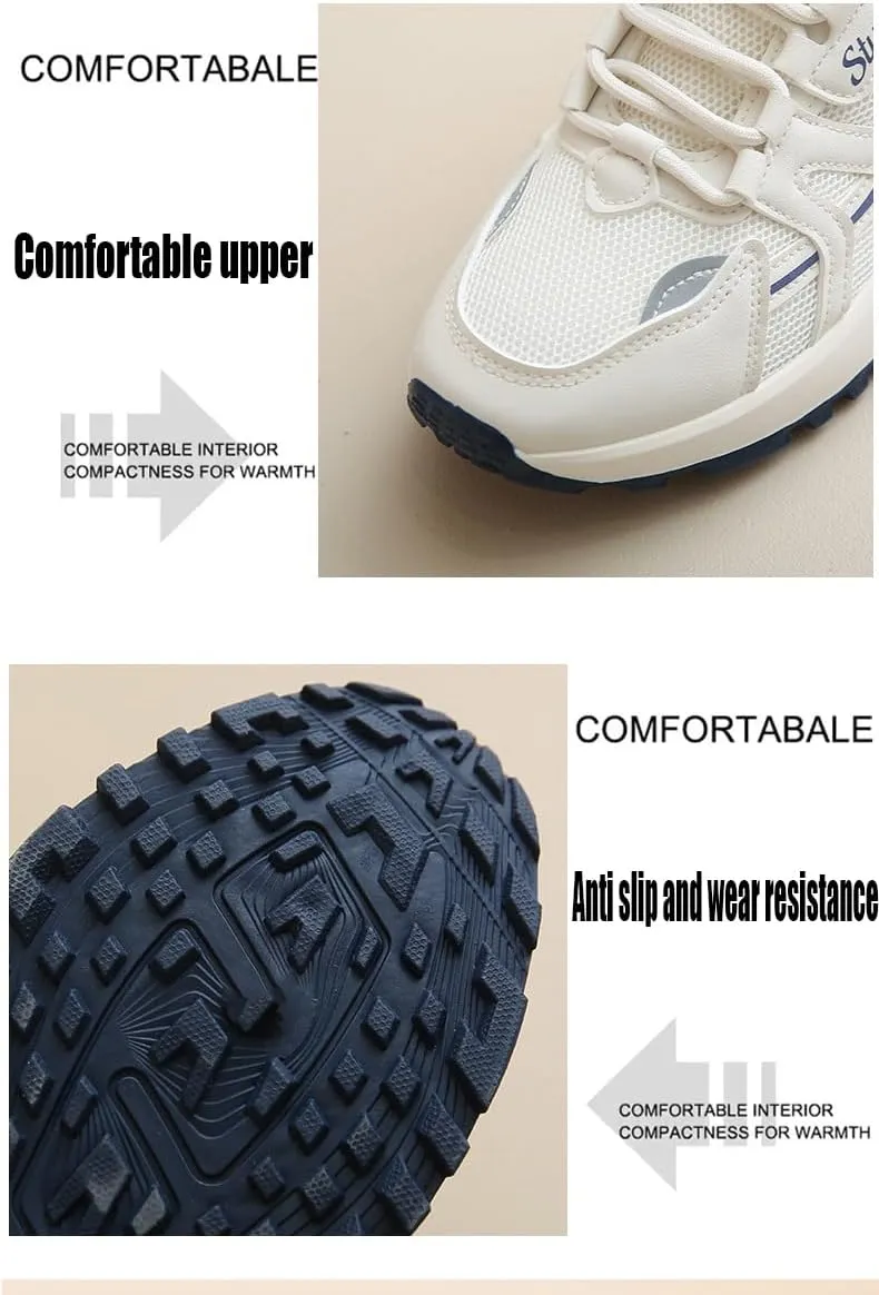 Women's Thick Sole Breathable Sneakers Leather Lace-Up Non-Slip Sneakers,Fashion Platform Daddy Shoes Casual Sports Running Shoes