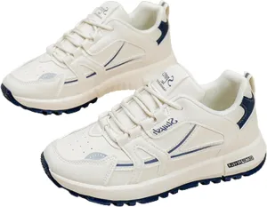 Women's Thick Sole Breathable Sneakers Leather Lace-Up Non-Slip Sneakers,Fashion Platform Daddy Shoes Casual Sports Running Shoes