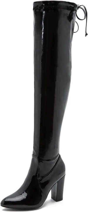 Women's Thigh High Boots Over The Knee Boot Sexy Pointed Toe Chunky Heels Boots Zipper Lace Up Long Boots