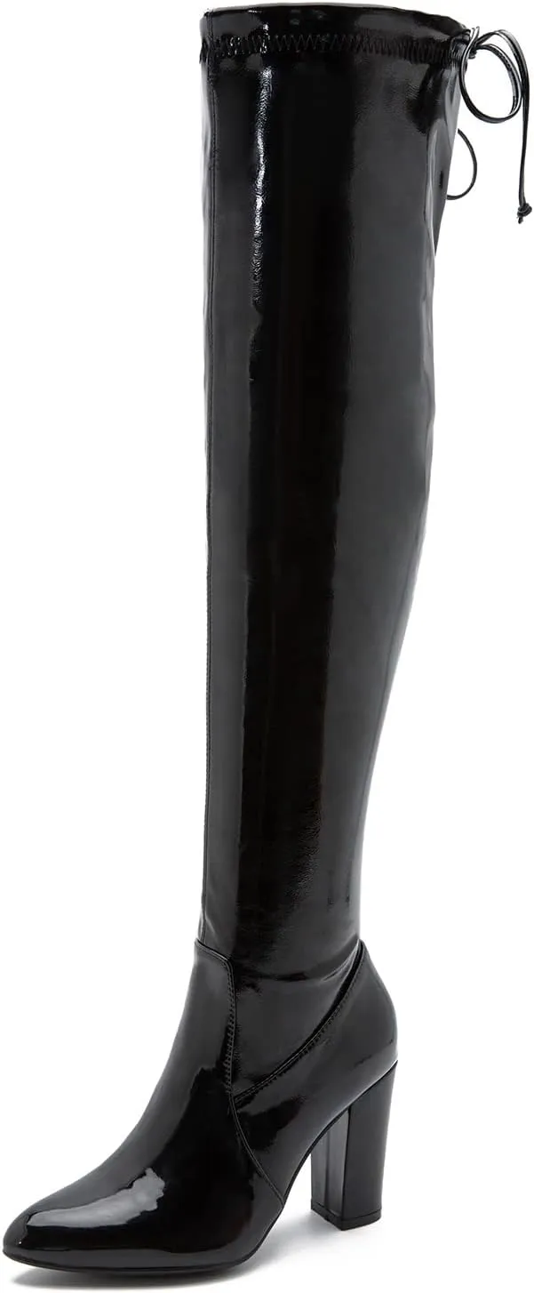 Women's Thigh High Boots Over The Knee Boot Sexy Pointed Toe Chunky Heels Boots Zipper Lace Up Long Boots