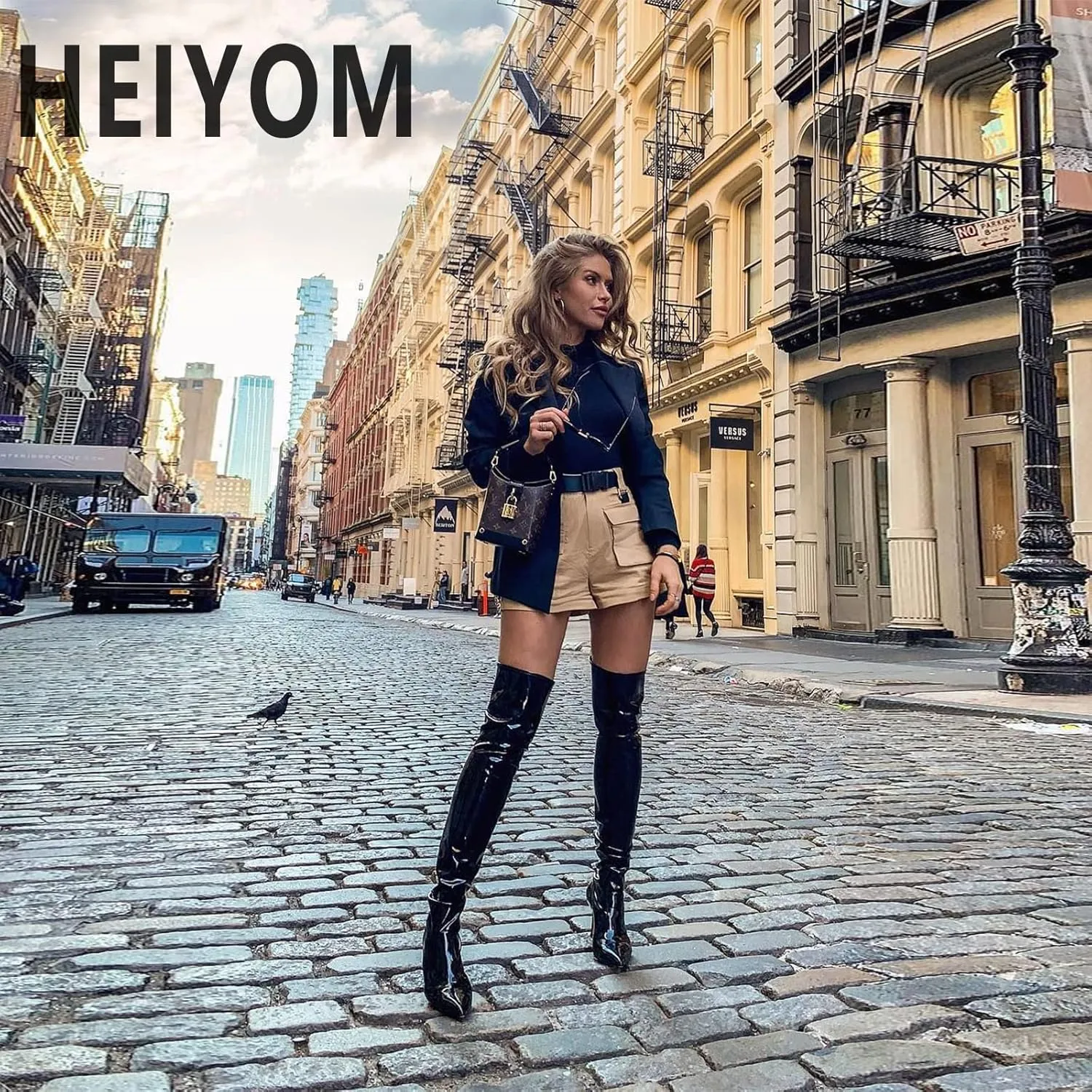 Women's Thigh High Boots Over The Knee Boot Sexy Pointed Toe Chunky Heels Boots Zipper Lace Up Long Boots