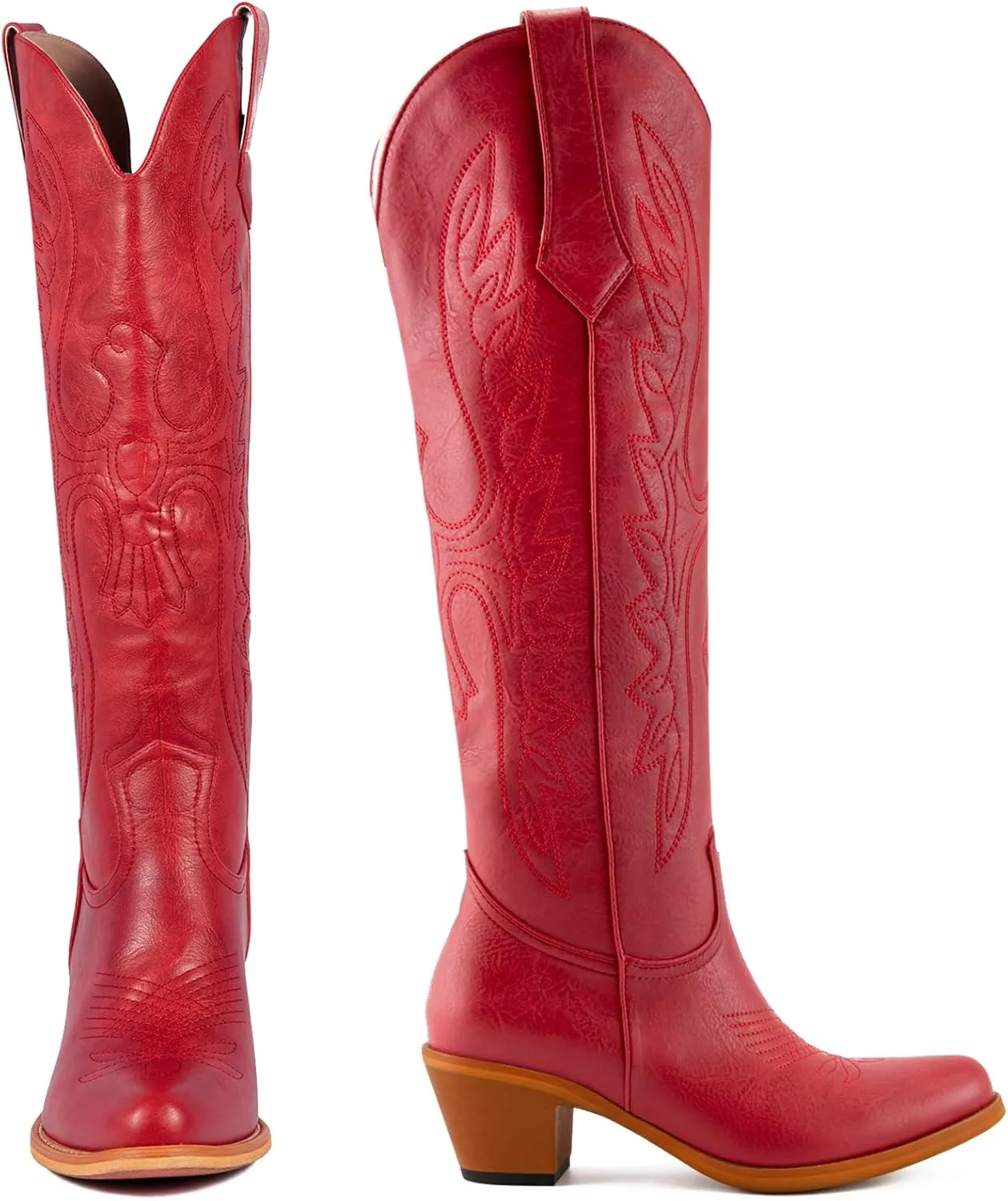 Womens White Cowgirl Boots Fashion Over the Knee Boots With Classic Embroidery Chunky Heels And Western Style