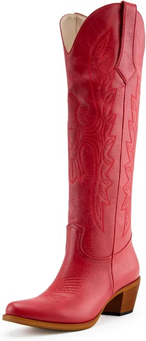Womens White Cowgirl Boots Fashion Over the Knee Boots With Classic Embroidery Chunky Heels And Western Style