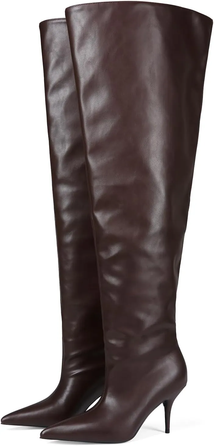 Women's Wide Calf Thigh High Heeled Boots Stiletto Cone Heel Boots Pointed Toe Pull On Black Boot Heels for Women
