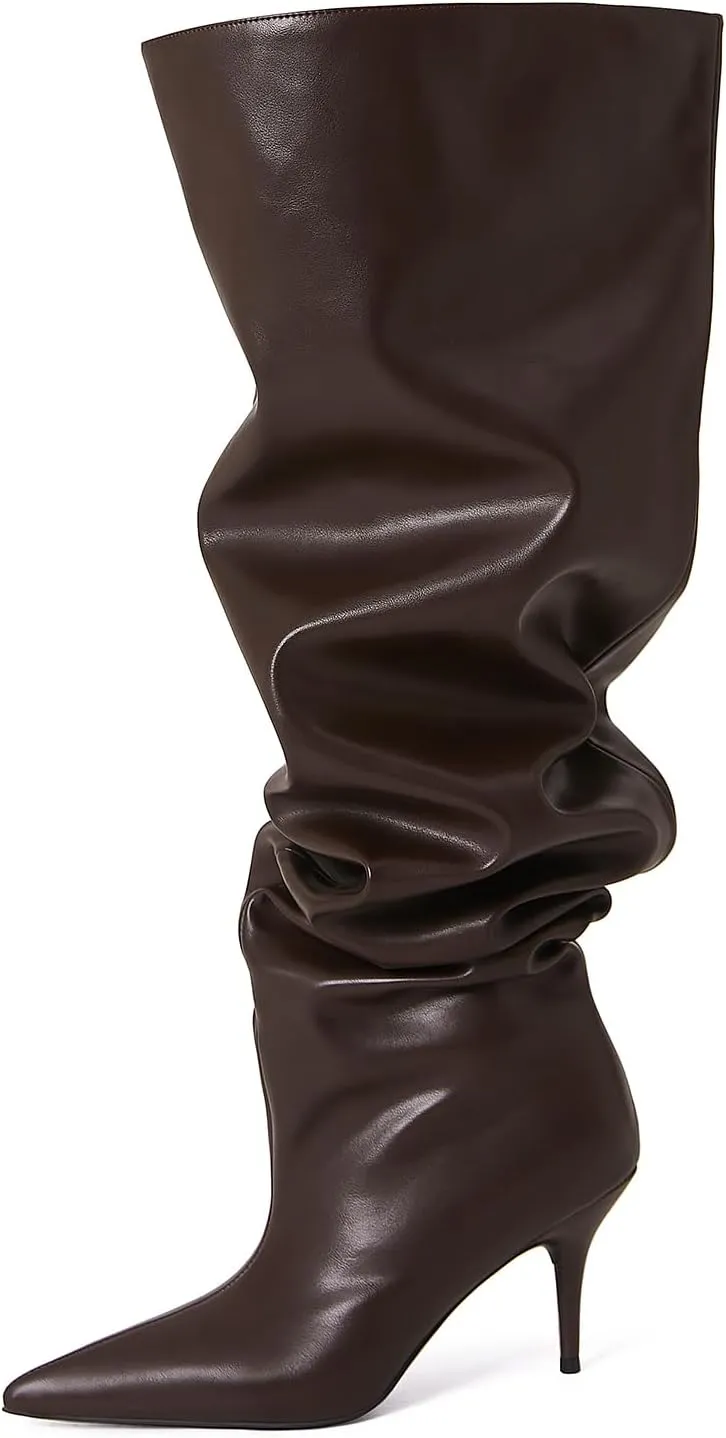 Women's Wide Calf Thigh High Heeled Boots Stiletto Cone Heel Boots Pointed Toe Pull On Black Boot Heels for Women
