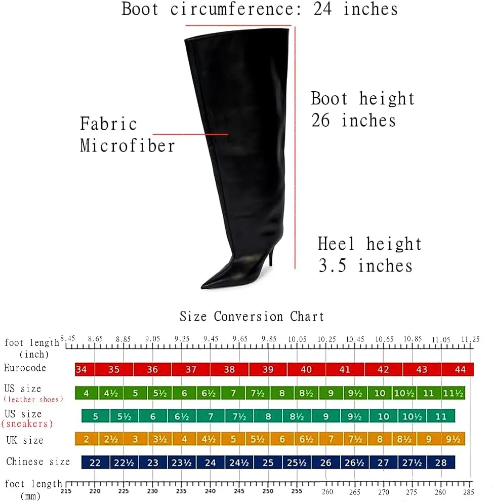Women's Wide Calf Thigh High Heeled Boots Stiletto Cone Heel Boots Pointed Toe Pull On Black Boot Heels for Women
