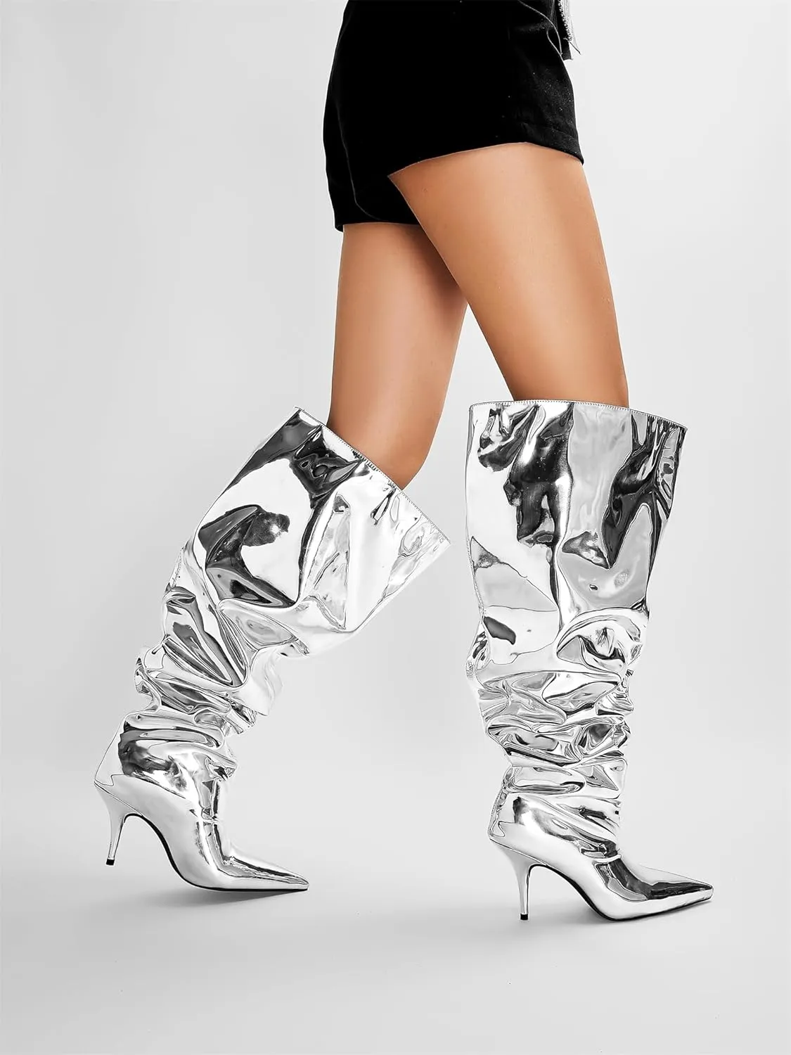 Women's Wide Calf Thigh High Heeled Boots Stiletto Cone Heel Boots Pointed Toe Pull On Black Boot Heels for Women