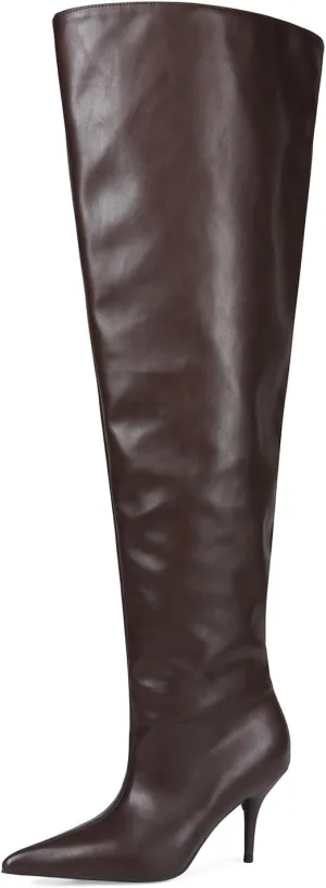 Women's Wide Calf Thigh High Heeled Boots Stiletto Cone Heel Boots Pointed Toe Pull On Black Boot Heels for Women