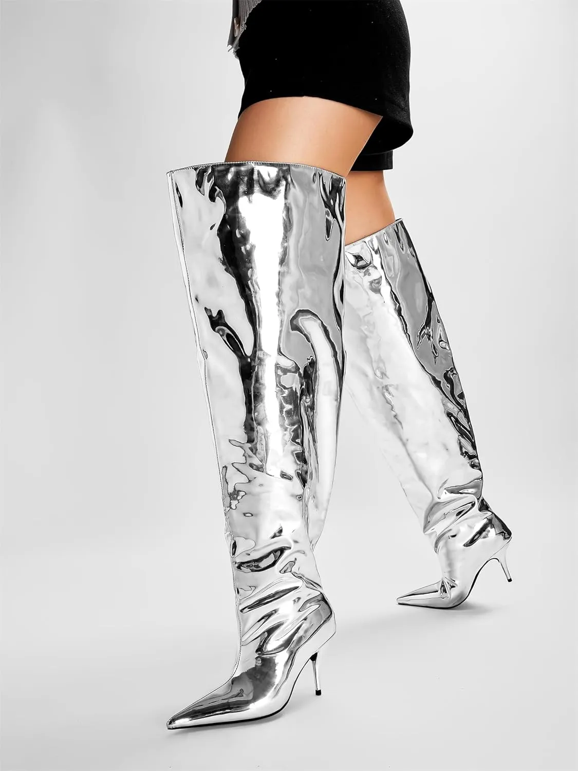 Women's Wide Calf Thigh High Heeled Boots Stiletto Cone Heel Boots Pointed Toe Pull On Black Boot Heels for Women