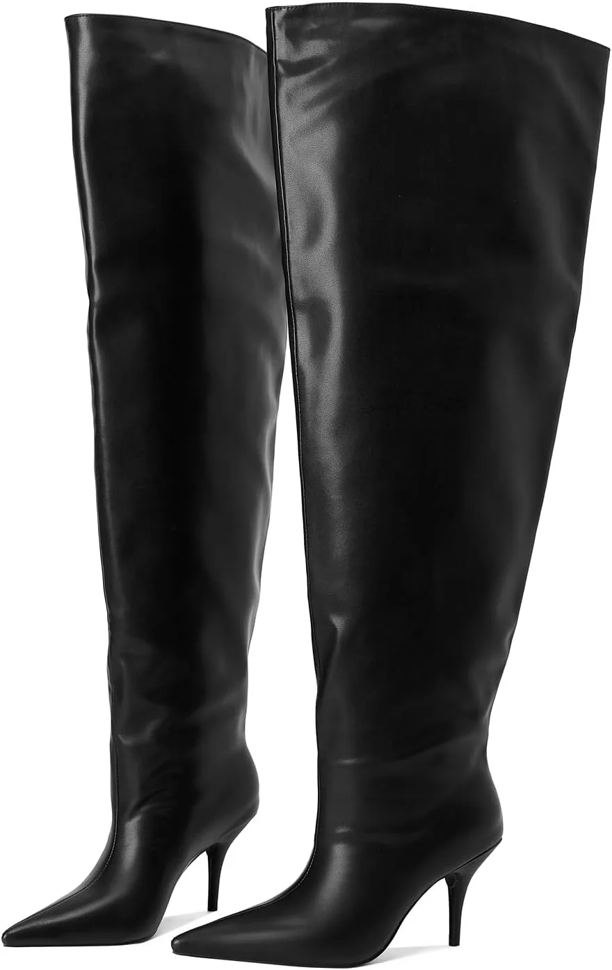 Women's Wide Calf Thigh High Heeled Boots Stiletto Cone Heel Boots Pointed Toe Pull On Black Boot Heels for Women