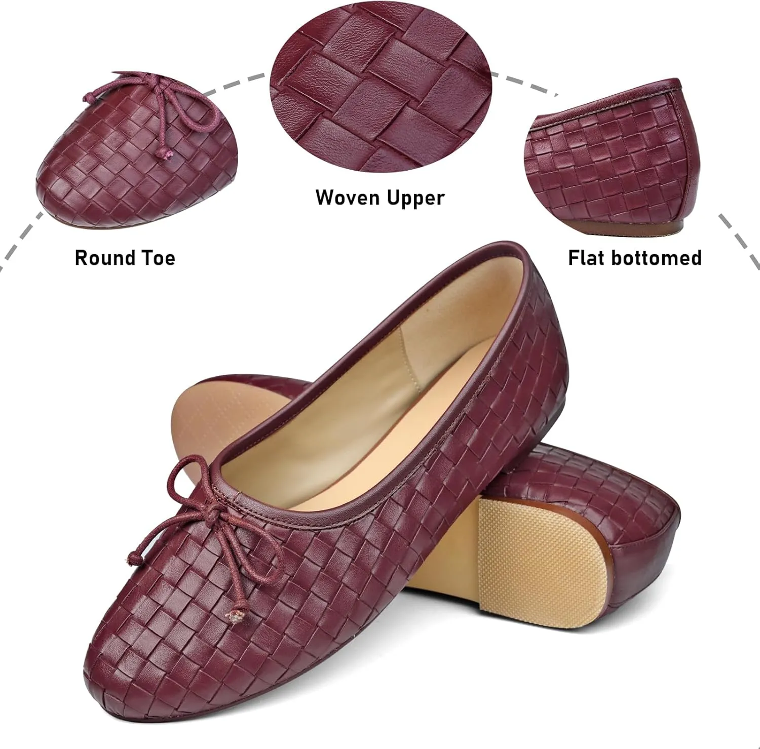 Women’s Woven Ballet Flats Leather Plaid Round Toe Mary Jane Shoe with Bow Tie Fashion Dress Slip on Low Heel Ballerina Shoes