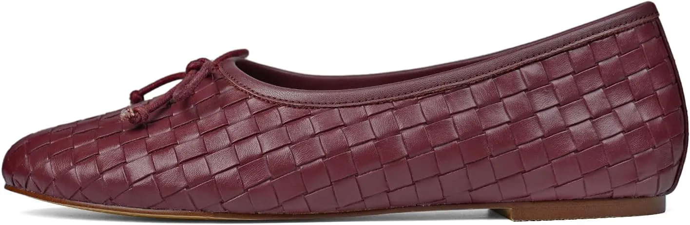 Women’s Woven Ballet Flats Leather Plaid Round Toe Mary Jane Shoe with Bow Tie Fashion Dress Slip on Low Heel Ballerina Shoes