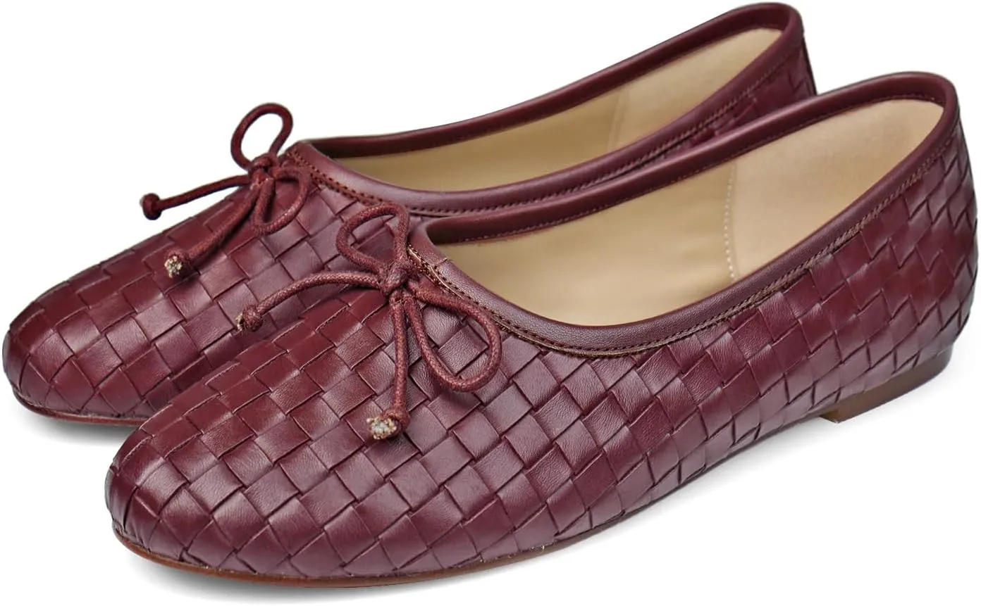 Women’s Woven Ballet Flats Leather Plaid Round Toe Mary Jane Shoe with Bow Tie Fashion Dress Slip on Low Heel Ballerina Shoes