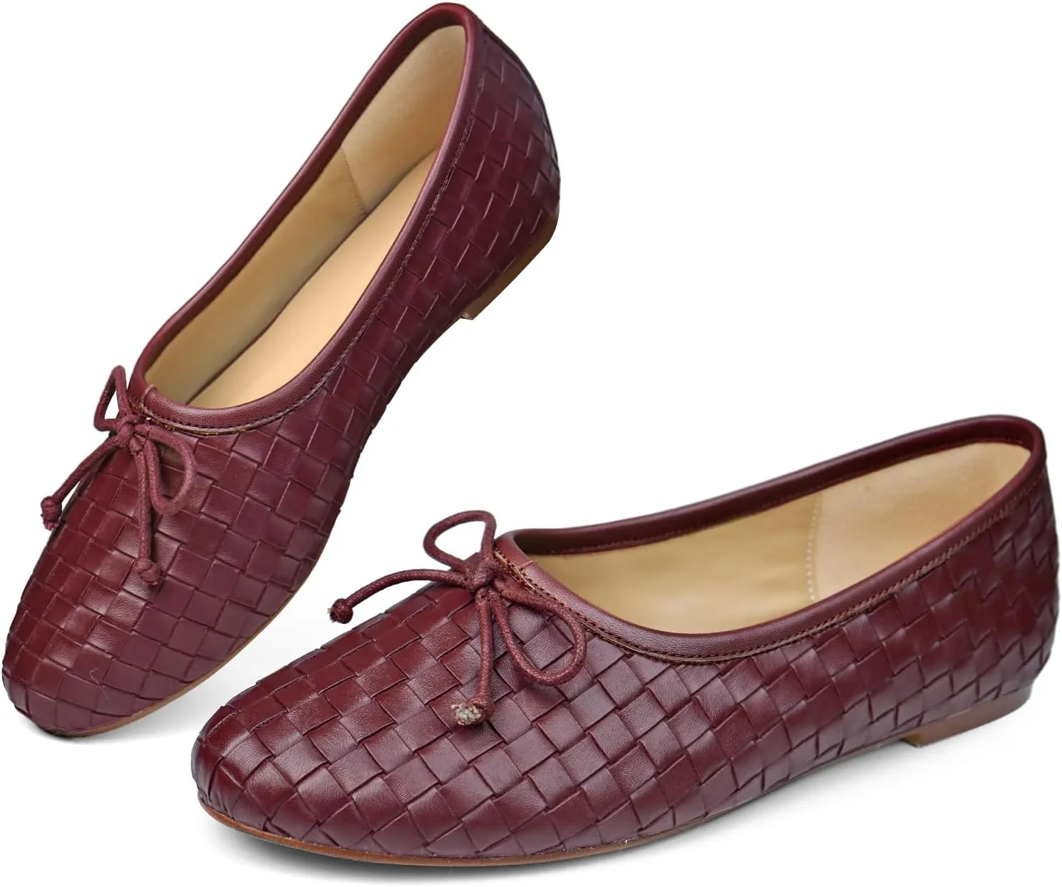 Women’s Woven Ballet Flats Leather Plaid Round Toe Mary Jane Shoe with Bow Tie Fashion Dress Slip on Low Heel Ballerina Shoes