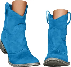 Womenyiaor Women's Western Cowboy Ankle Boots Low Heel Mid Calf Cowgirl Boots Slip On Round Toe Chunky Heel Fashion Retro Classic Boots Suede Back Zipper Fall Short Ankle Booties