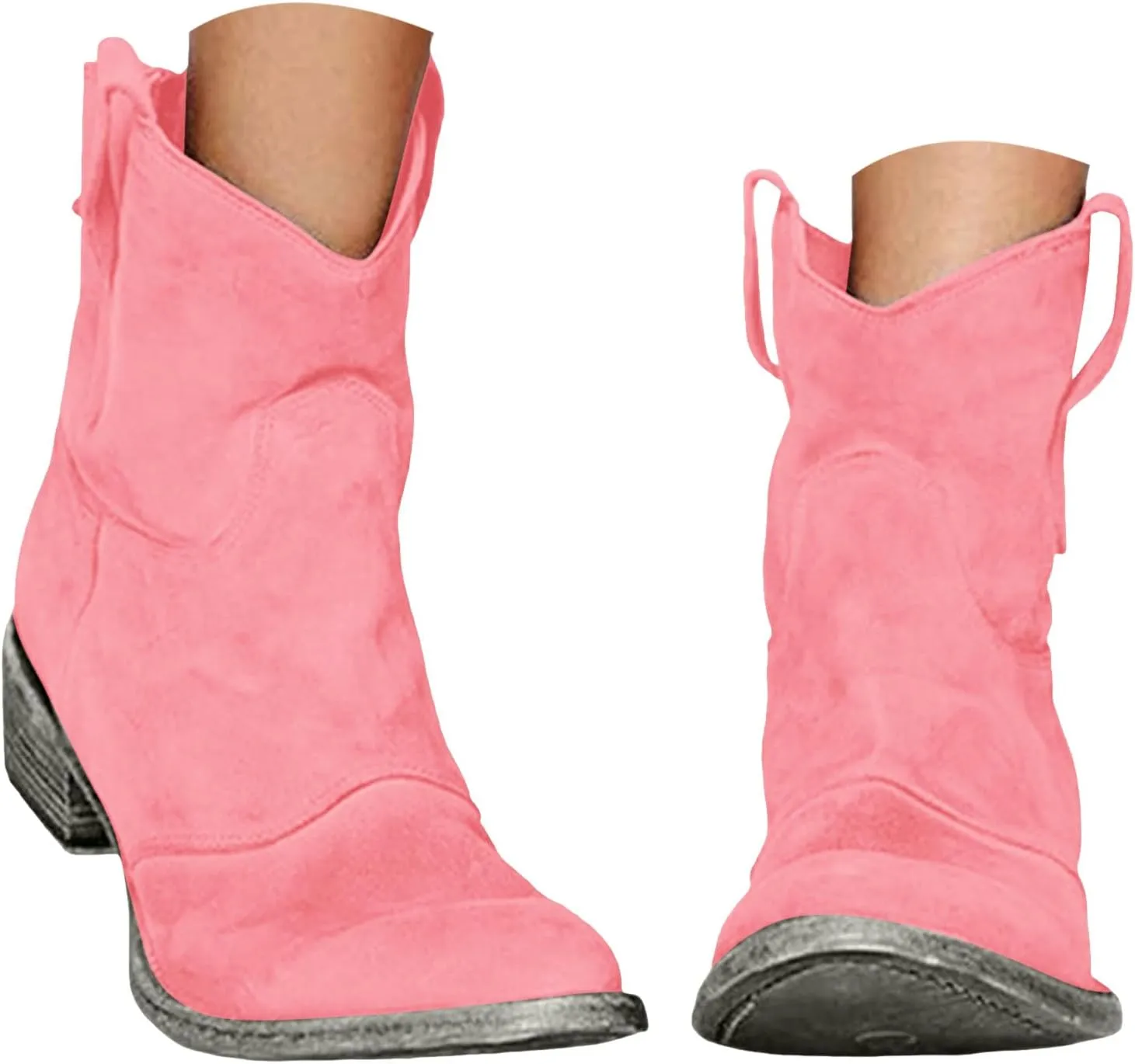 Womenyiaor Women's Western Cowboy Ankle Boots Low Heel Mid Calf Cowgirl Boots Slip On Round Toe Chunky Heel Fashion Retro Classic Boots Suede Back Zipper Fall Short Ankle Booties