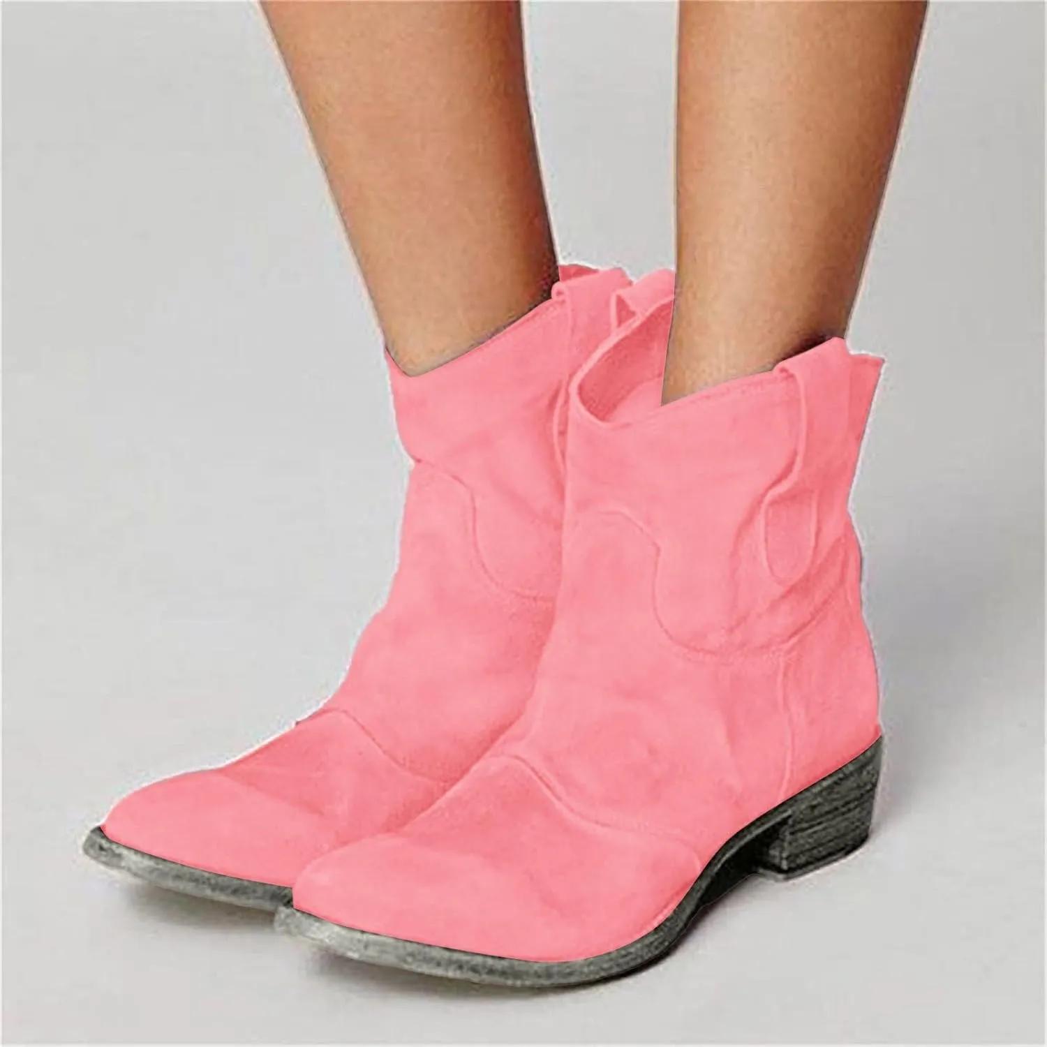 Womenyiaor Women's Western Cowboy Ankle Boots Low Heel Mid Calf Cowgirl Boots Slip On Round Toe Chunky Heel Fashion Retro Classic Boots Suede Back Zipper Fall Short Ankle Booties