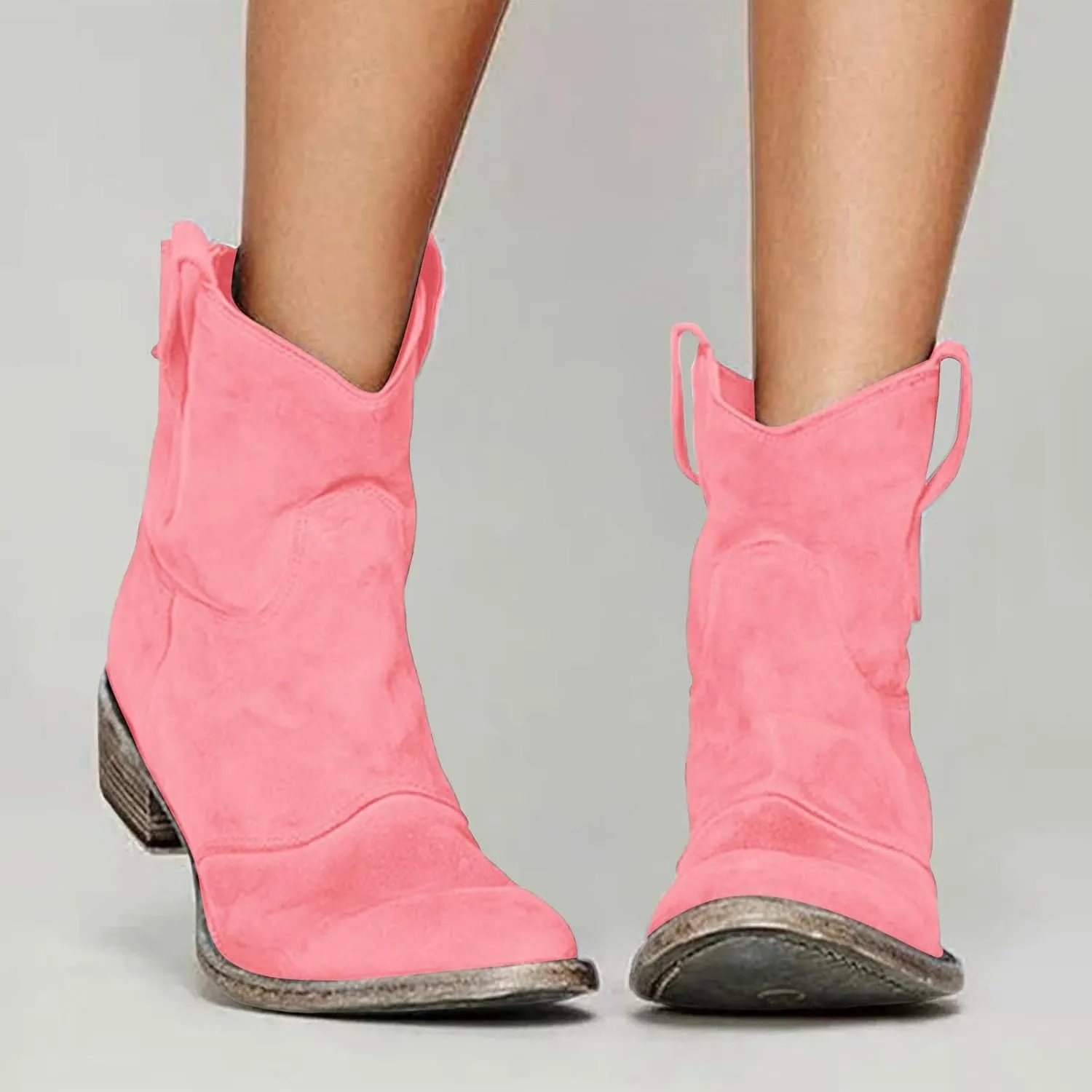 Womenyiaor Women's Western Cowboy Ankle Boots Low Heel Mid Calf Cowgirl Boots Slip On Round Toe Chunky Heel Fashion Retro Classic Boots Suede Back Zipper Fall Short Ankle Booties