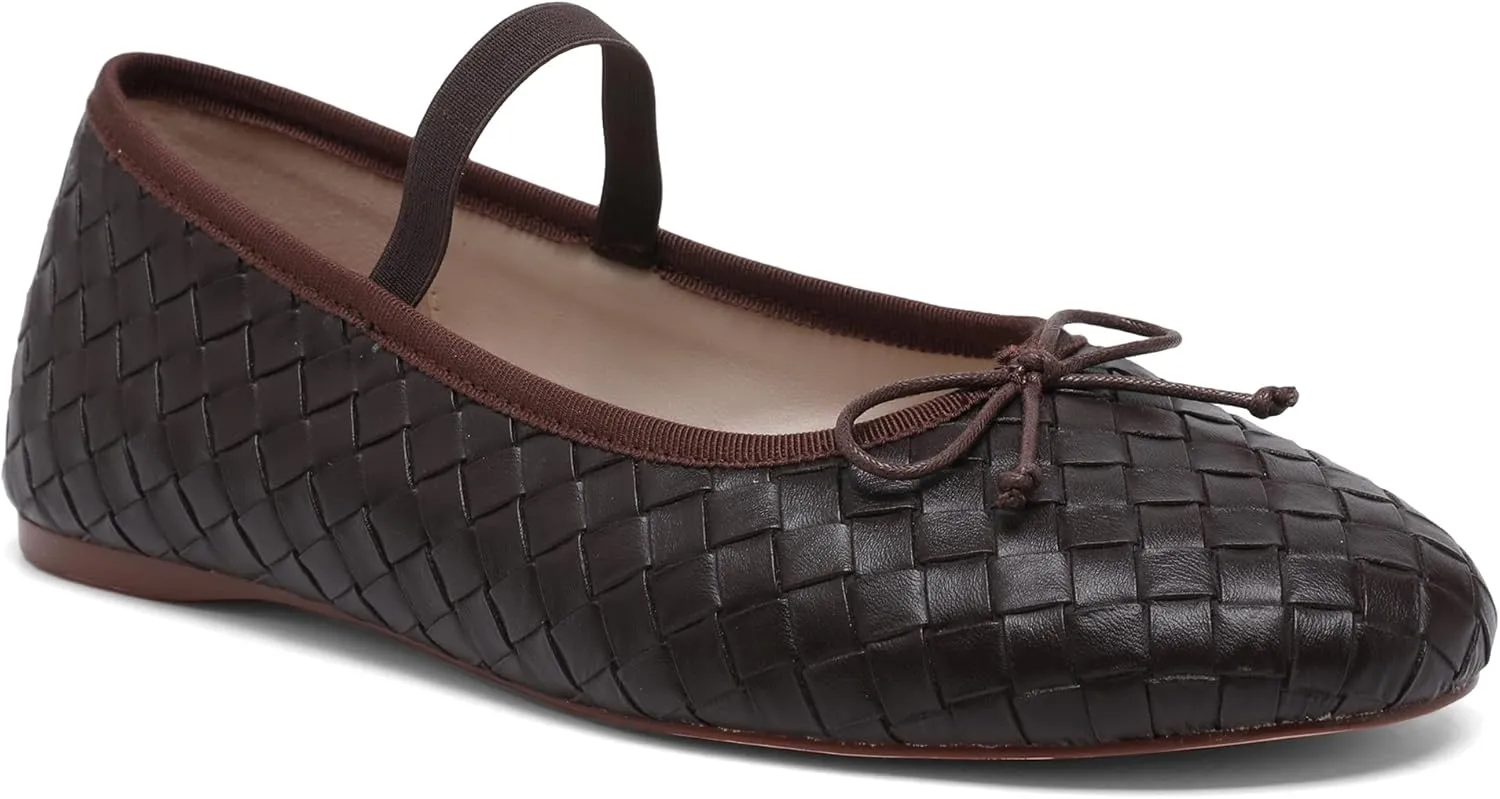 Woven Ballet Flats for Women Almond Toe Mary Jane Flats Stretch Band Bow Ballerina Shoes
