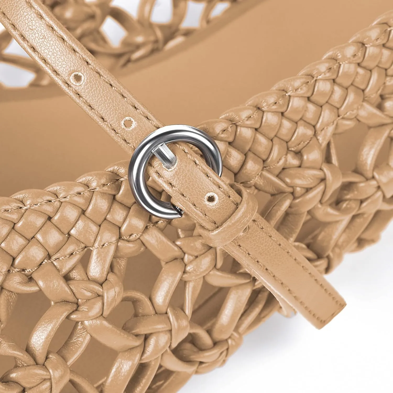 Woven Ballet Flats for Women Mesh Round Toe Mary Jane Flats with Metal Buckle Strap Rattan Ballerina Flat Shoes