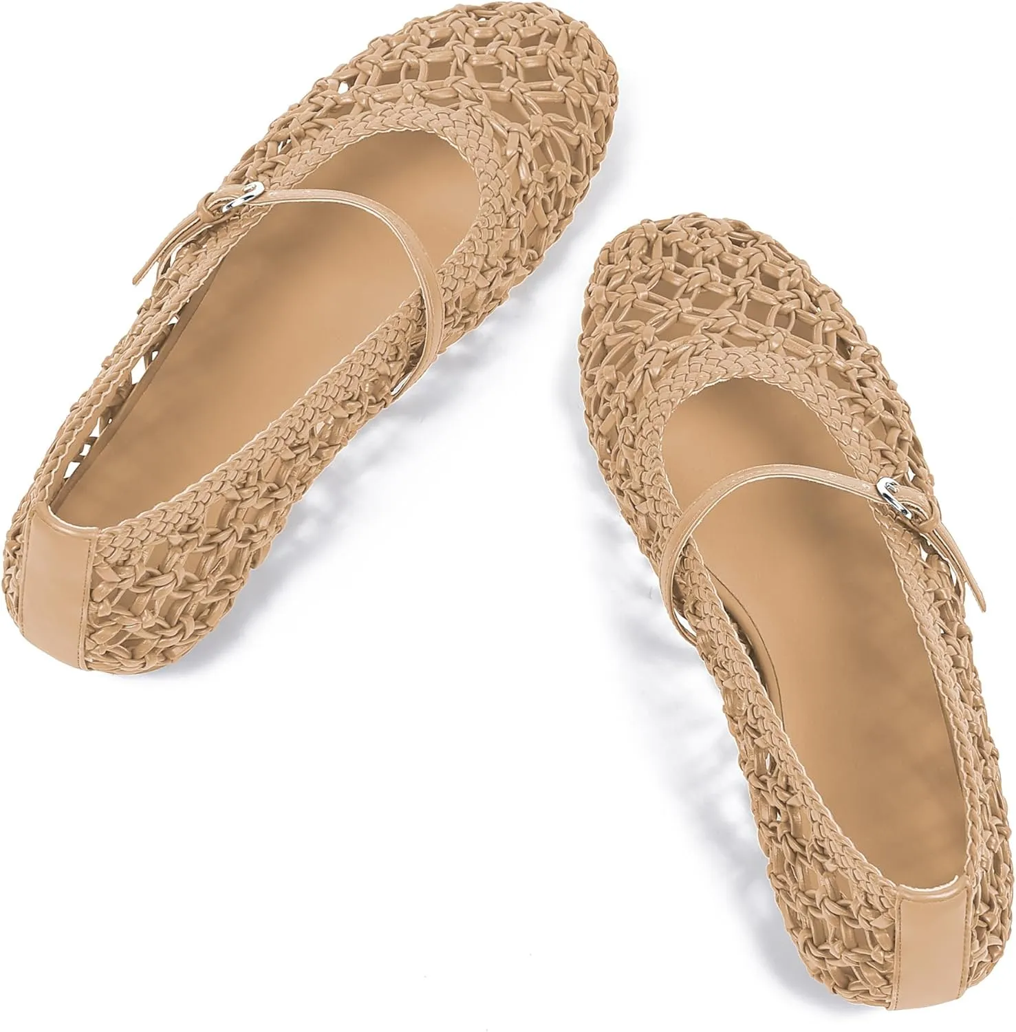 Woven Ballet Flats for Women Mesh Round Toe Mary Jane Flats with Metal Buckle Strap Rattan Ballerina Flat Shoes