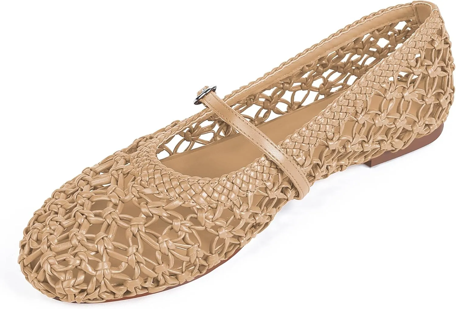 Woven Ballet Flats for Women Mesh Round Toe Mary Jane Flats with Metal Buckle Strap Rattan Ballerina Flat Shoes