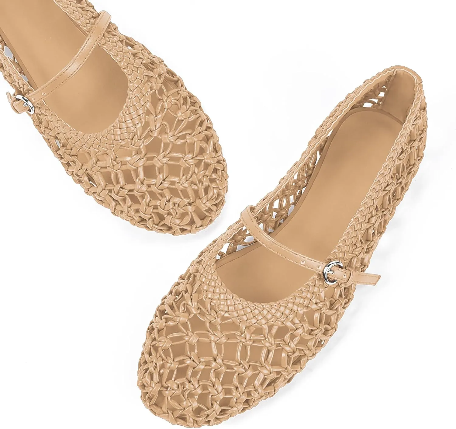 Woven Ballet Flats for Women Mesh Round Toe Mary Jane Flats with Metal Buckle Strap Rattan Ballerina Flat Shoes