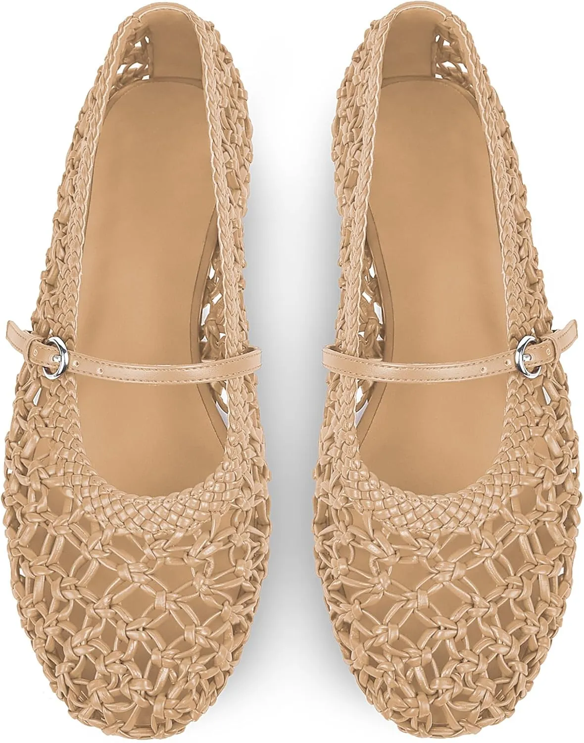 Woven Ballet Flats for Women Mesh Round Toe Mary Jane Flats with Metal Buckle Strap Rattan Ballerina Flat Shoes
