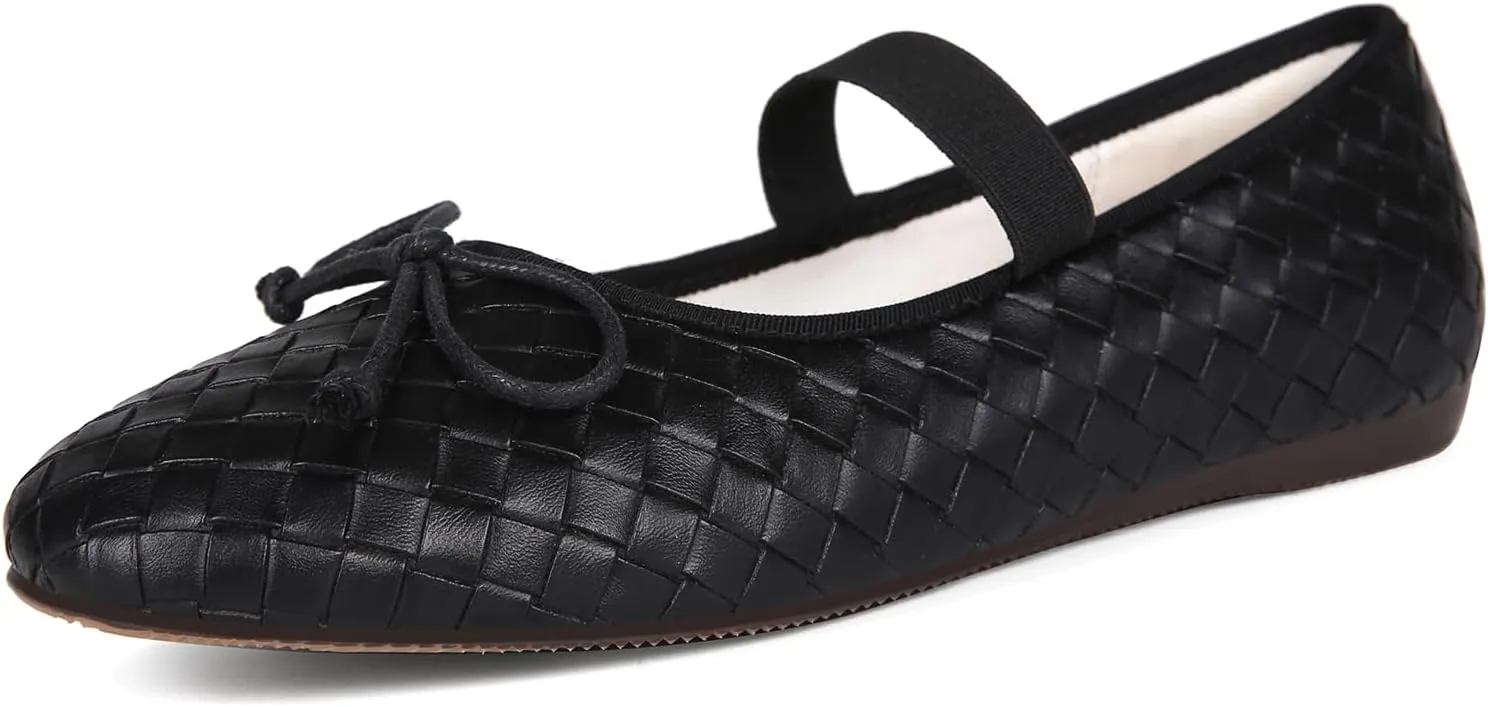 Woven Ballet Flats for Women Round Toe Bow Mary Jane Flat with Strap Comrtable Casual Dressy Shoes