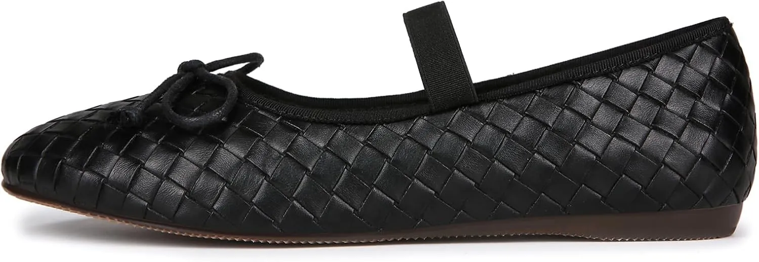 Woven Ballet Flats for Women Round Toe Bow Mary Jane Flat with Strap Comrtable Casual Dressy Shoes