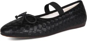 Woven Ballet Flats for Women Round Toe Bow Mary Jane Flat with Strap Comrtable Casual Dressy Shoes