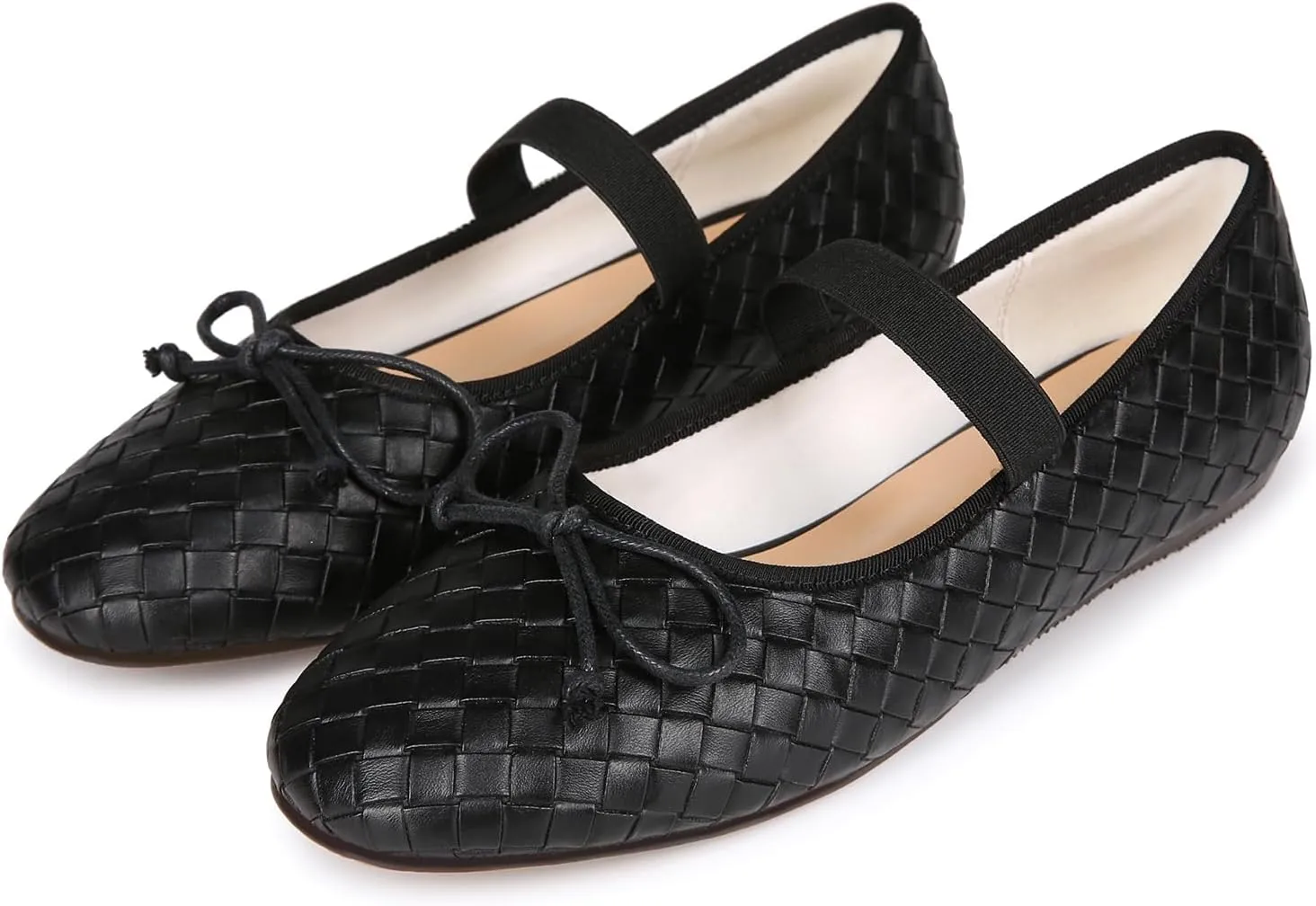 Woven Ballet Flats for Women Round Toe Bow Mary Jane Flat with Strap Comrtable Casual Dressy Shoes