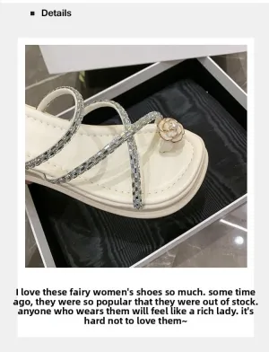 Xiaoxiangfeng silver thick-bottomed set of toe pinch slippers for women's summer wear new rhinestone beach cool slippers