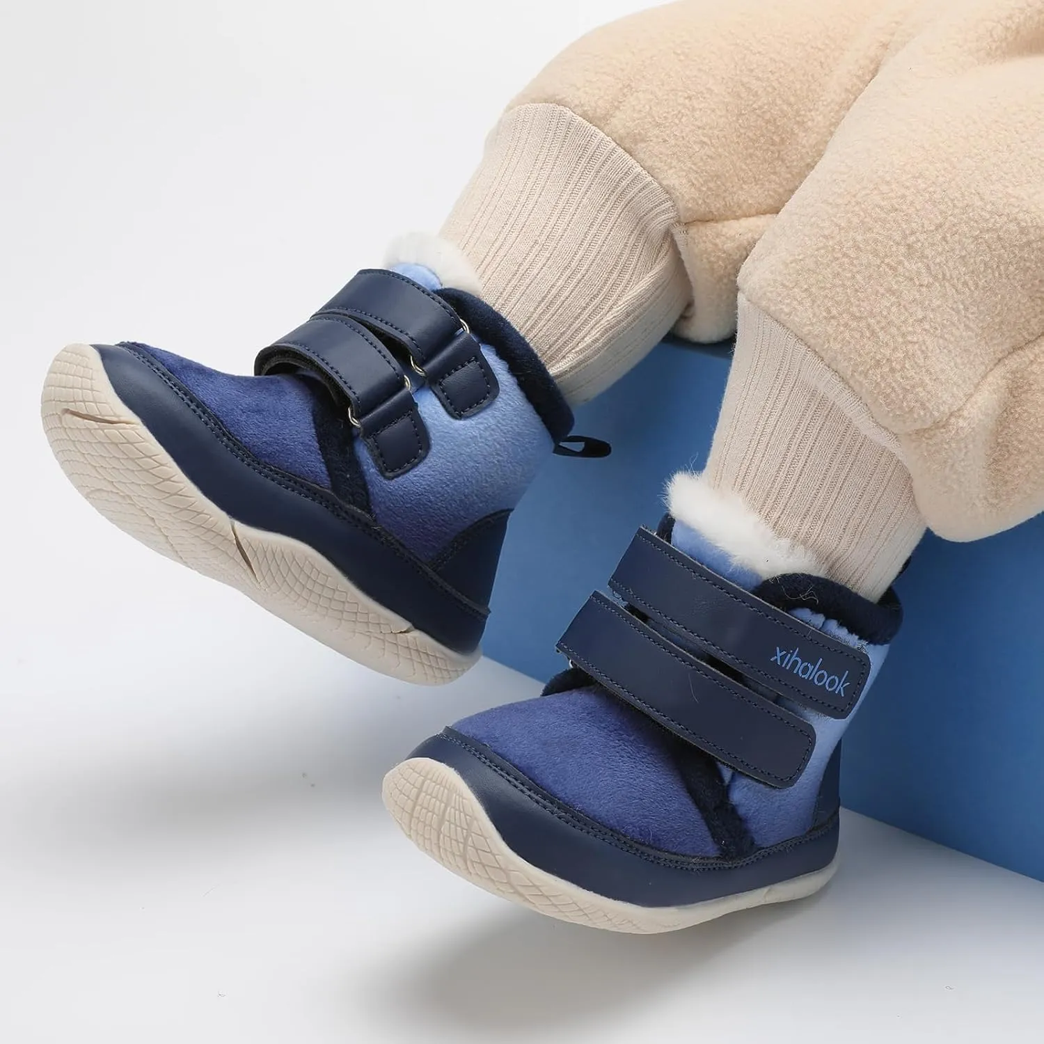 XIHALOOK Toddler Boys Girls Winter Boots Cold Weather Kids Warm Faux Fur Shoes with Two Hook and Loop