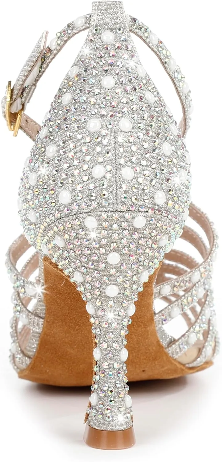 Y205-32 Women's Elegant Crystal Embellished Latin Dance High Heel Shoes Comfortable Adjustable Ankle Strap Dance Sandals for Ballroom Dancing
