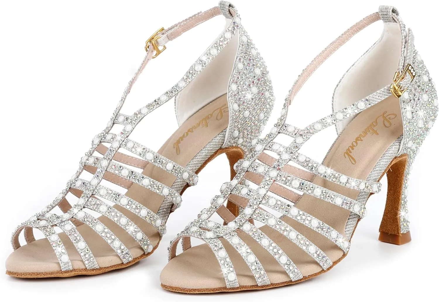Y205-32 Women's Elegant Crystal Embellished Latin Dance High Heel Shoes Comfortable Adjustable Ankle Strap Dance Sandals for Ballroom Dancing