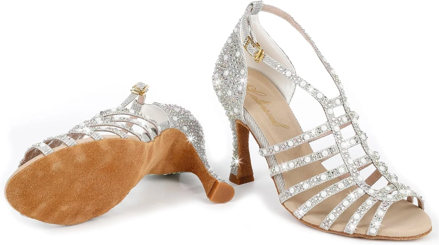 Y205-32 Women's Elegant Crystal Embellished Latin Dance High Heel Shoes Comfortable Adjustable Ankle Strap Dance Sandals for Ballroom Dancing