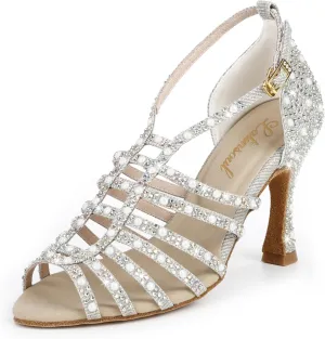 Y205-32 Women's Elegant Crystal Embellished Latin Dance High Heel Shoes Comfortable Adjustable Ankle Strap Dance Sandals for Ballroom Dancing