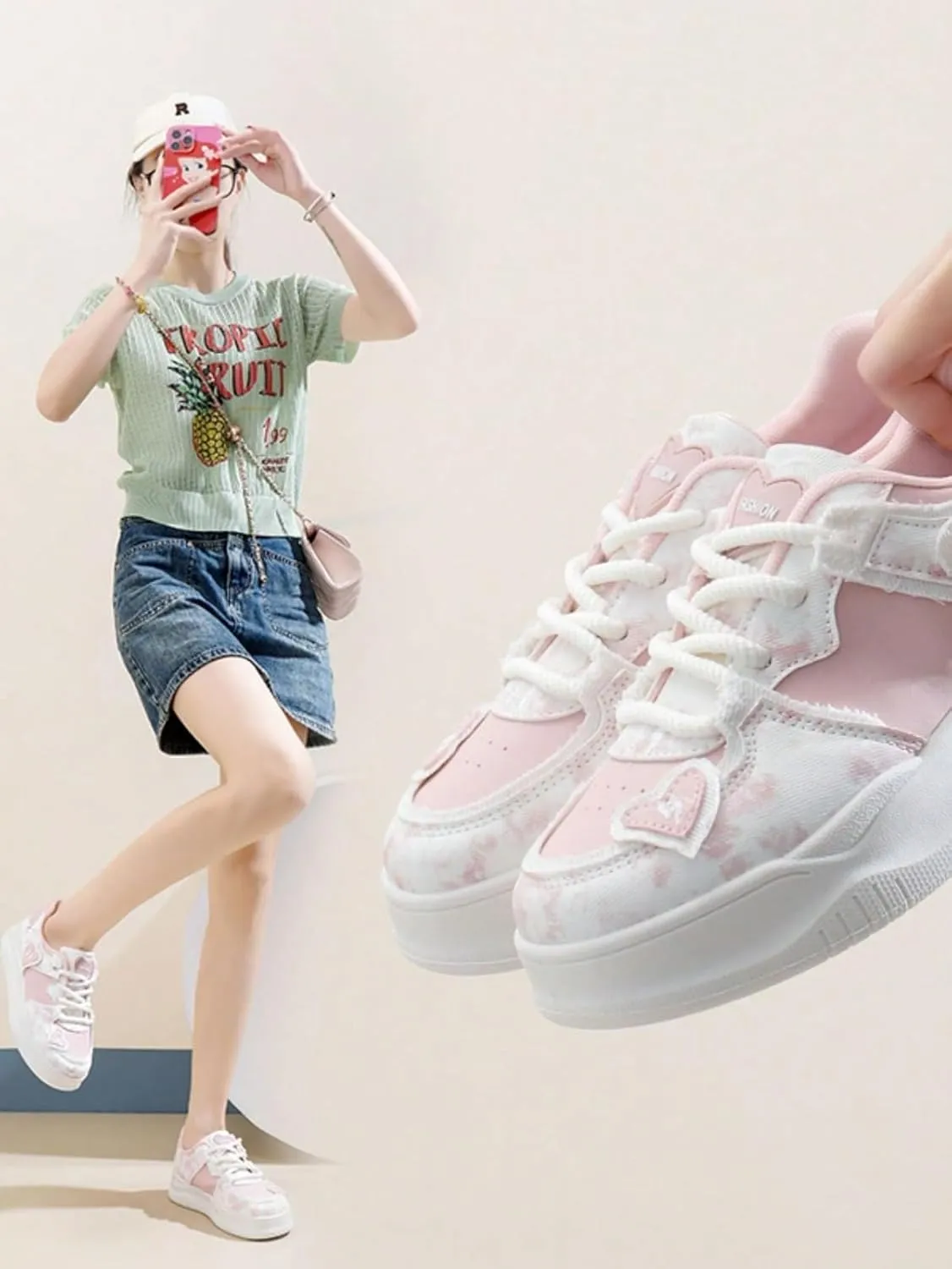 Y2K Platform Sneakers Heart Shape Pattern Trendy Mesh Thick Sole Height Increasing Student Casual Everyday Streetwear Lightweight Platform Ladies White Shoes Comfortable